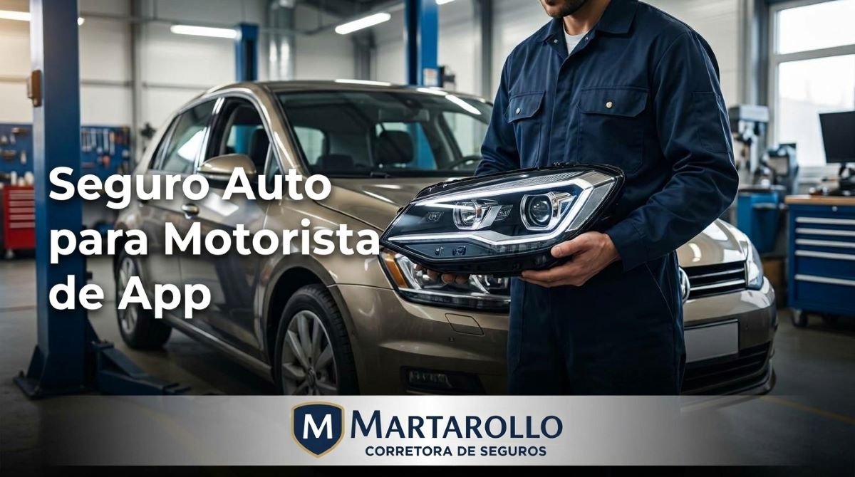 Mecânico segurando um farol de LED moderno e caro na oficina, simbolizando o alto custo das peças e a inflação que mantém o preço do seguro automotivo elevado, com a logo da Martarollo Seguros.